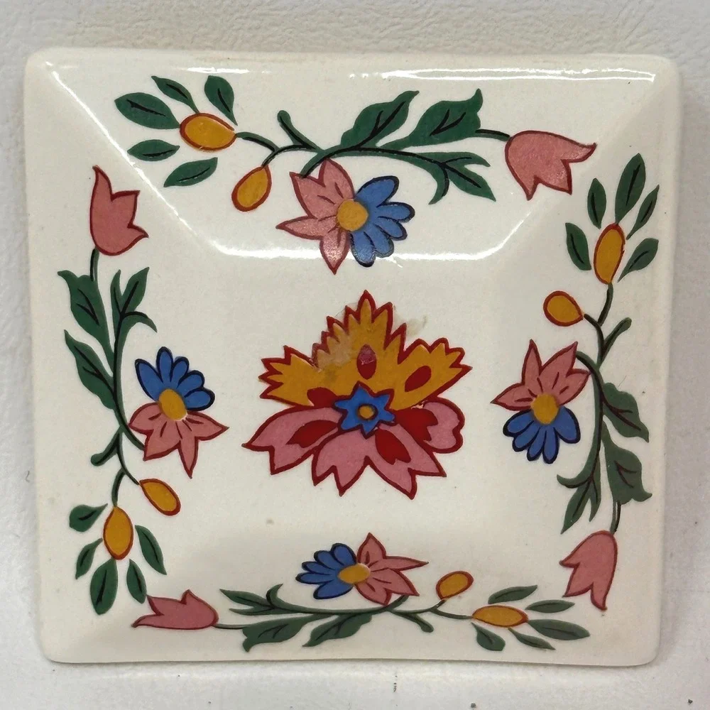 Floral 3 Inch Square Ceramic Lidded Jewelry Trinket Box 80s Oriental Gift Vanity